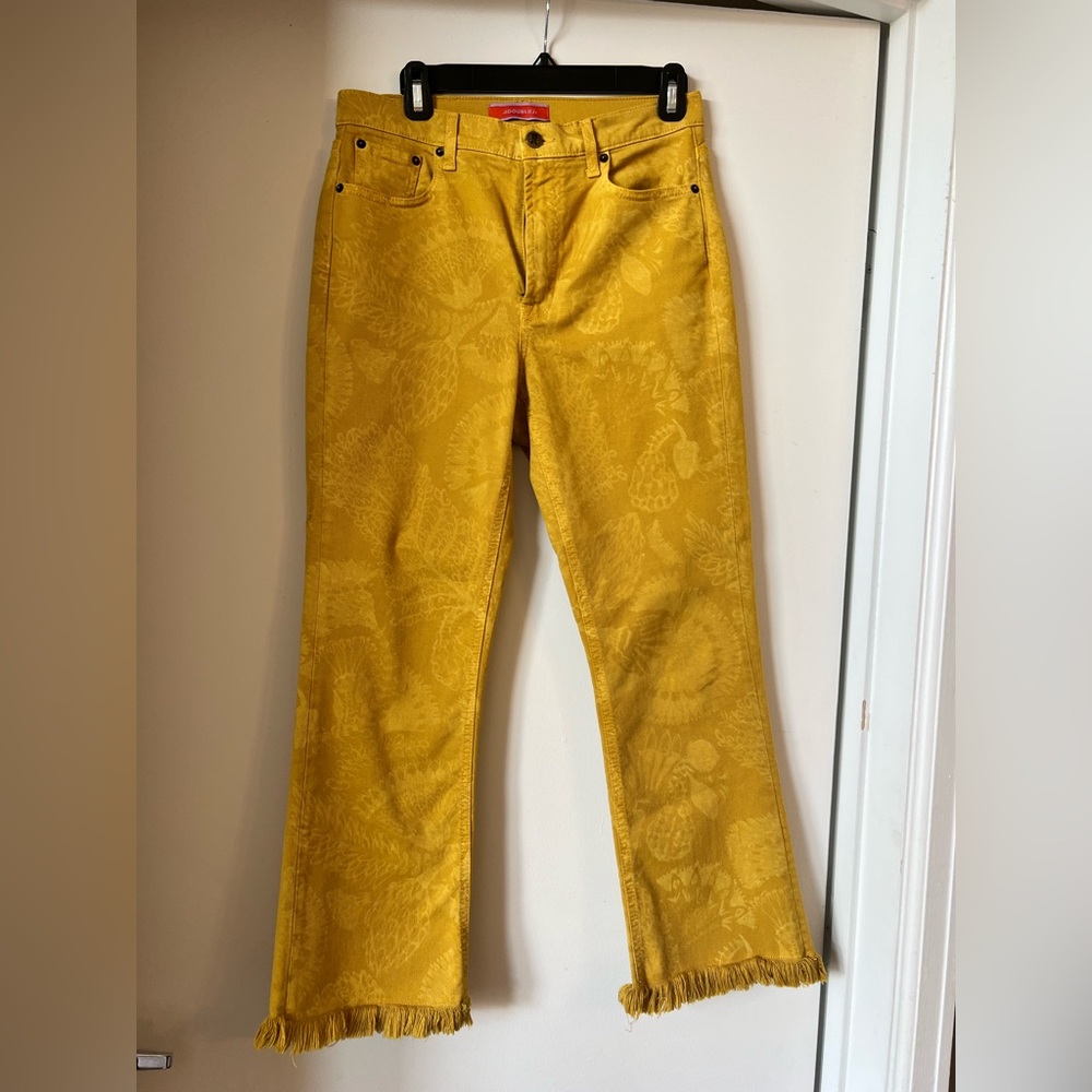 LA DoubleJ Mustard Yellow Patterned Fringe Hem Jeans